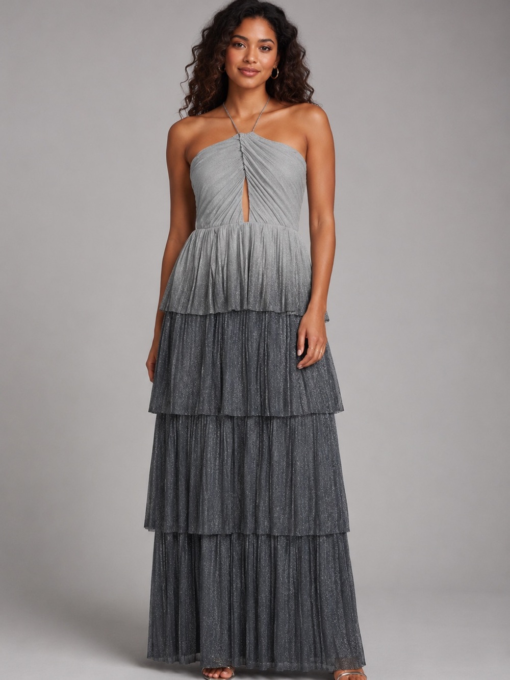 Line & Dot Oracle Silver Gray Ombré Pleated Maxi Dress XL